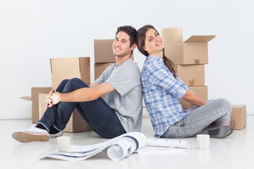 Packed office equipment ready for a business move in Blackheath