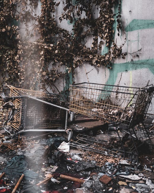 A collection of black trash bags and discarded packaging materials, including cardboard boxes and plastic wrapping, are piled outside a building against a textured, beige wall. The accumulation is near a red metal door that has graffiti and multiple signs attached, including a white 'No Money' notice and a blue 'Keep Clear' sign. The bags appear to contain waste or unwanted household items, indicative of a recent clearance or removal process. The scene suggests an area awaiting collection, with objects possibly ready for disposal or preparation for home relocation services. The setting is outdoors on a pavement or loading area, with natural daylight illuminating the scene, and some small green plants are visible near the base of the wall, adding to the contextual environment. This image represents home clearance or waste removal, processes often associated with professional removals such as those by Man With a Van Blackheath.